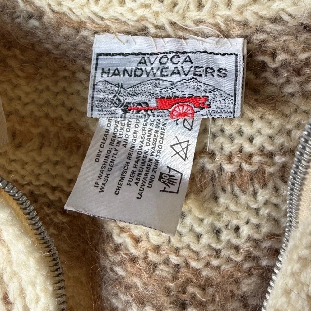 Avoca Handweavers 100% Wool Cardigan Brown Cream Grandmacore Hand Knit M/L